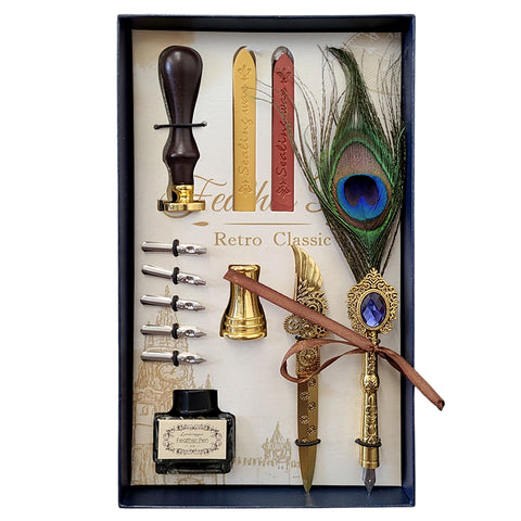Peacock Feather Quill Dip Pen Set - Feather Quill Pen Dip Set – Style 8
