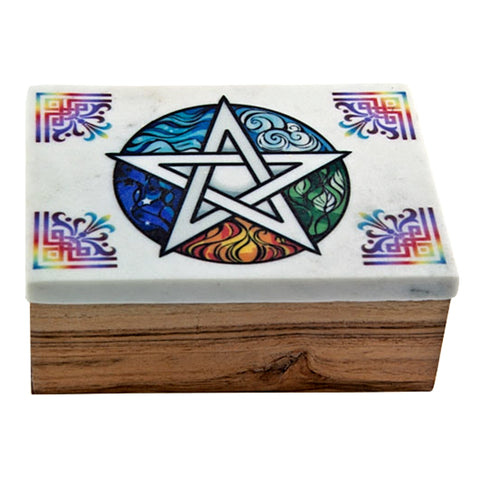 Pentacle Wooden Box with White Marble Lid