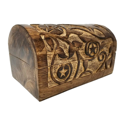 Raven & Pentagram Carved Round Top Wood Box