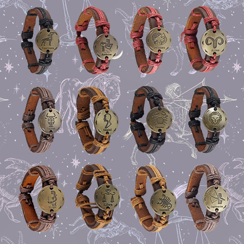 Leather Bracelets with Zodiac Signs