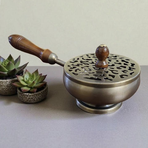 Bronze Finish Metal Charcoal Burner with Lid & Wooden Handle 9"