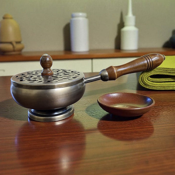 Bronze Finish Metal Charcoal Burner with Lid & Wooden Handle 9"