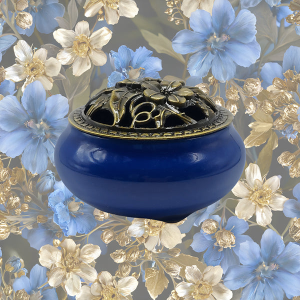 Ceramic Incense Burner Bowl with Lid - Royal Blue - 3.75"