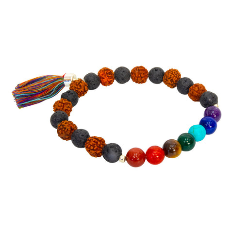 Chakra Elastic Bracelet 8mm Round Beads w/ Lava & Rudraska
