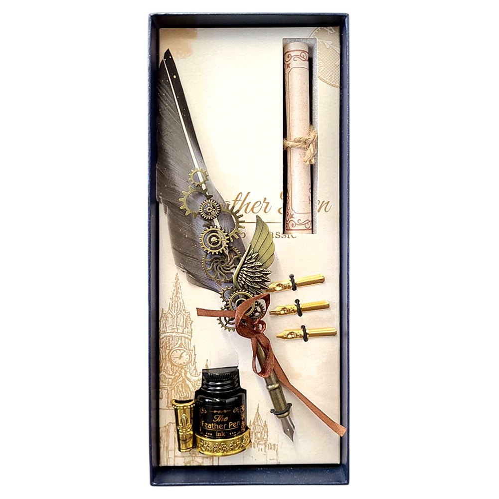 Elegant Feather Quill Pen Dip Set – Vintage Calligraphy Gift