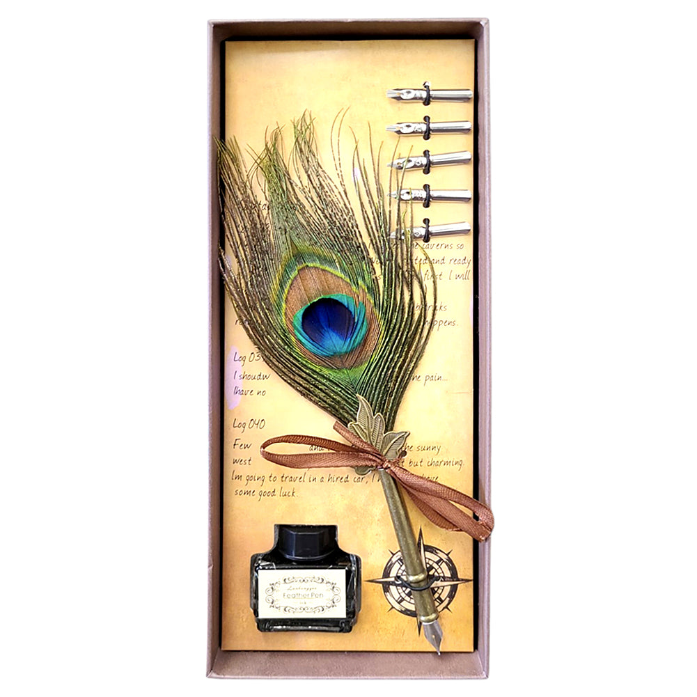 Peacock Feather Quill Dip Pen Set - Feather Quill Pen Dip Set – Style 5