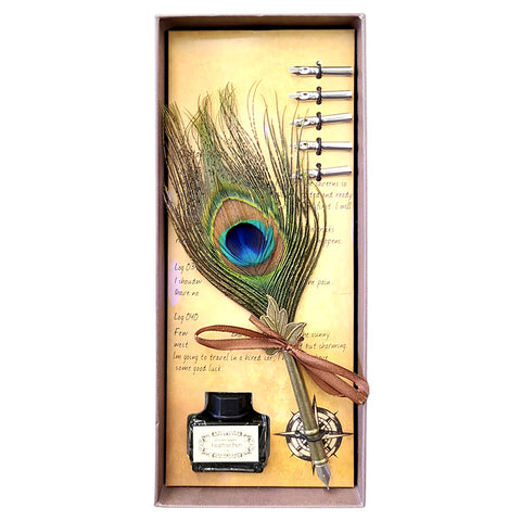 Peacock Feather Quill Dip Pen Set - Feather Quill Pen Dip Set – Style 5