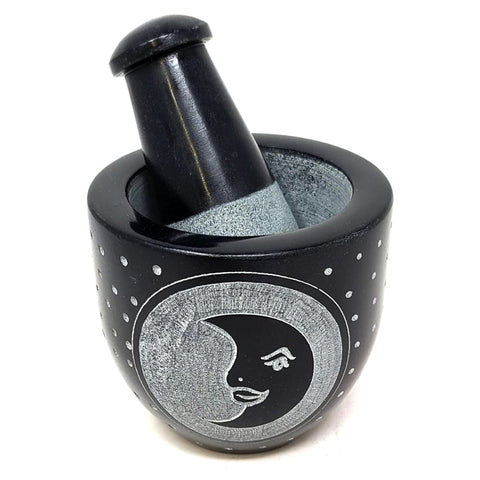 Moon Carved Black Soapstone Mortar & Pestle 3"W x 3"H