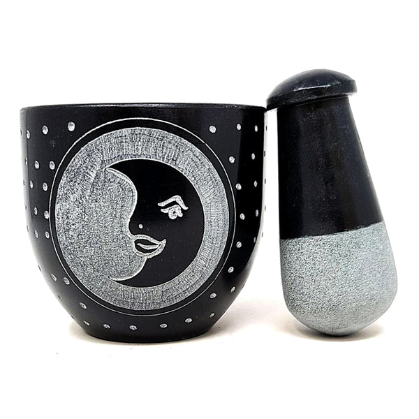 Moon Carved Black Soapstone Mortar & Pestle 3"W x 3"H