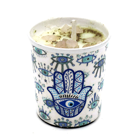 Votive Scented Candle with Herbs and Crystal Stones - Hamsa Hand