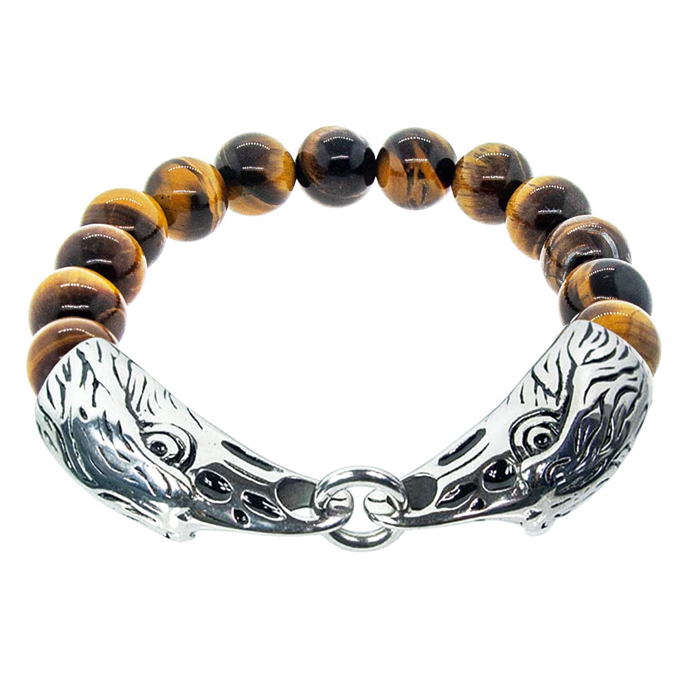 Elastic Bracelet 8mm Round Beads - Tiger Eye w/ Stainless Steel Eagle Heads