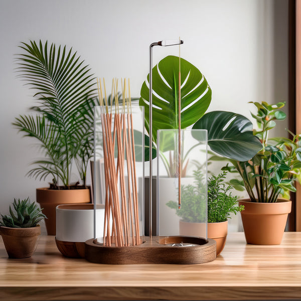 Upside Down Incense Holder with Wooden Base and two Glass Ash Catchers
