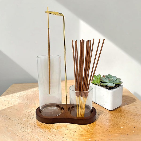 Upside Down Incense Holder with Wooden Base and two Glass Ash Catchers