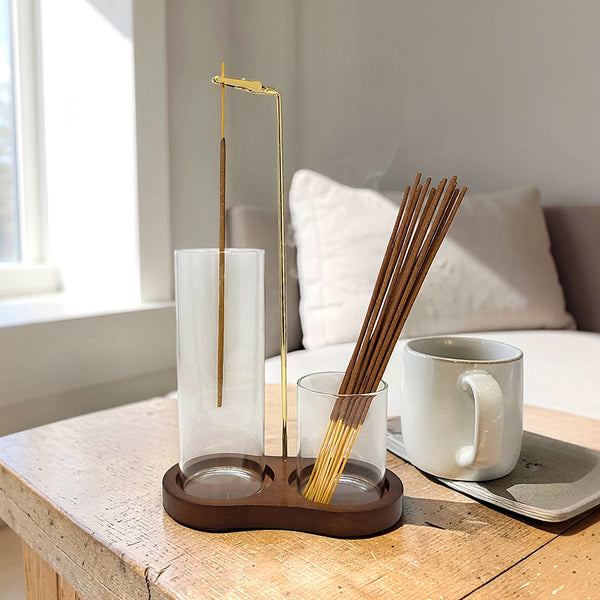 Upside Down Incense Holder with Wooden Base and two Glass Ash Catchers