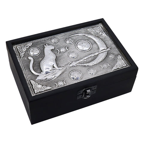 Velvet Lined Metal Top Wooden Box - Crescent Moon w/Cat & Broom