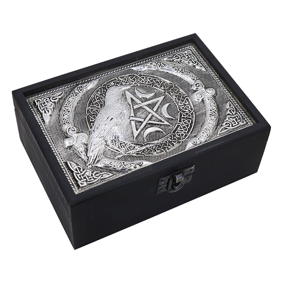 Velvet Lined Metal Top Wooden Box - Raven w/ Pentacle