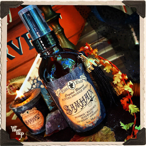 SAMHAIN 4oz. Alchemy RITUAL SMUDGE SPRAY. Scent of Pumpkin, Hazelnut & Rosewood. Blessed by Amethyst & Obsidian.