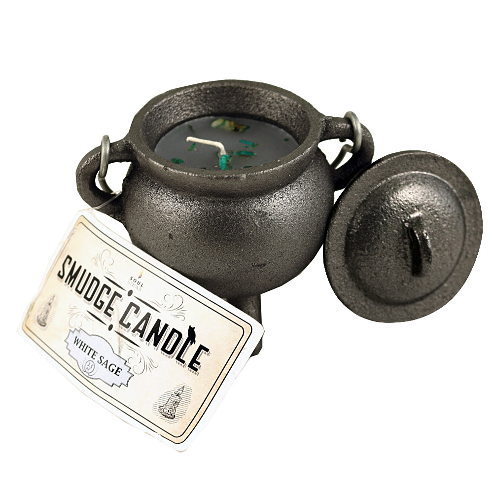 White Sage Smudge Candle in Cast Iron Cauldron