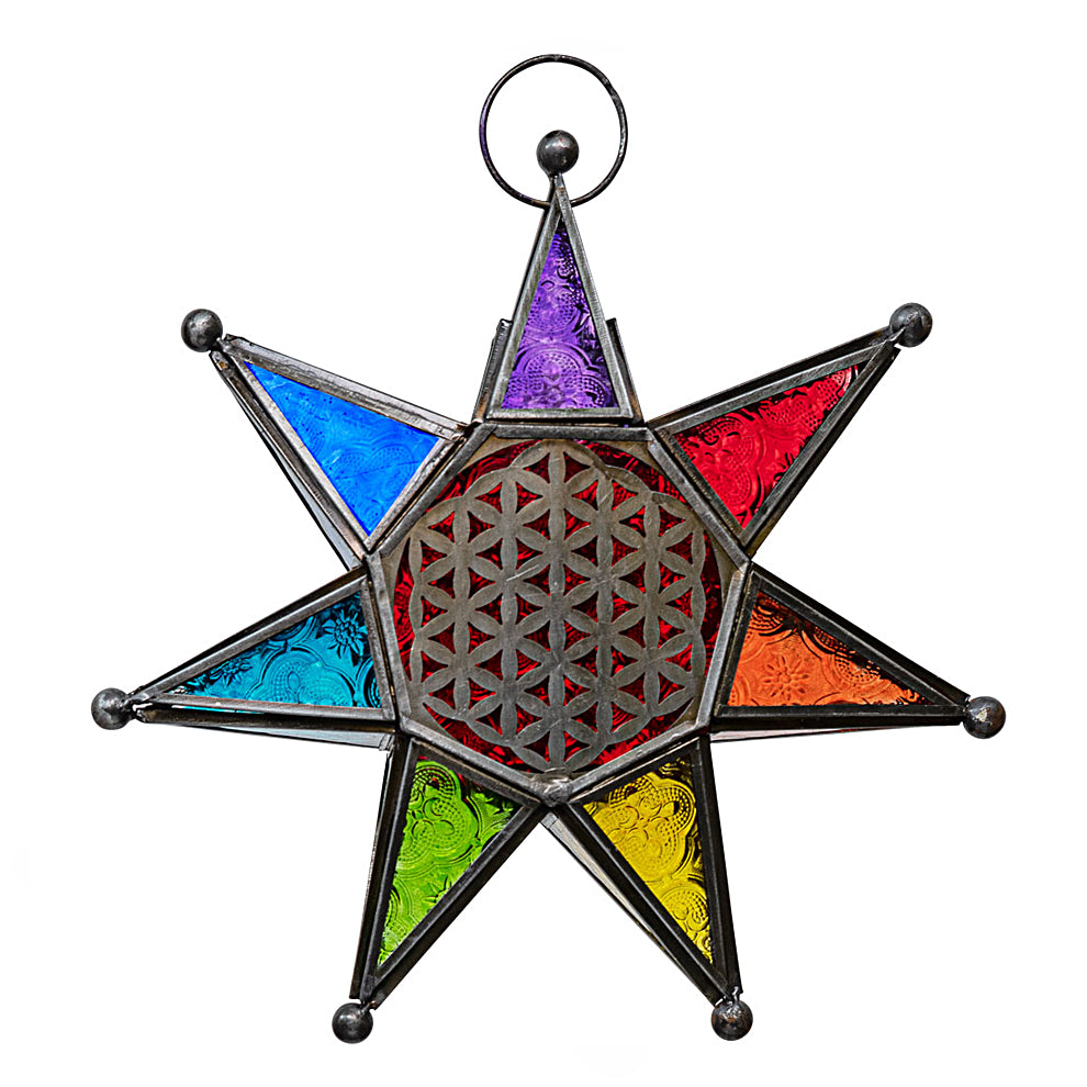 Chakra Star w/ Flower of Life Glass & Metal Lantern