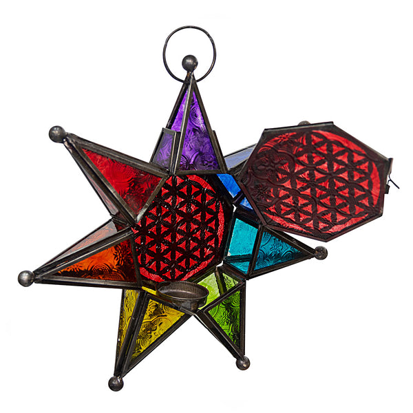 Glass & Metal Lantern Chakra Star w/ Flower of Life