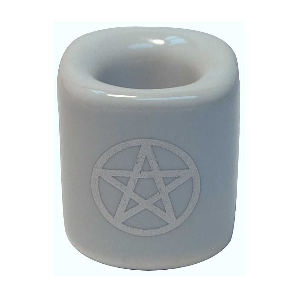 Ceramic Chime Candle Holder - White w/ Silver Pentacle