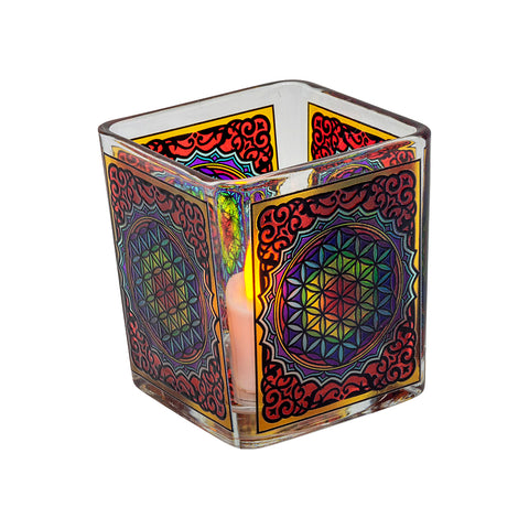 Flower of Life Handcrafted Glass Square Votive Holder