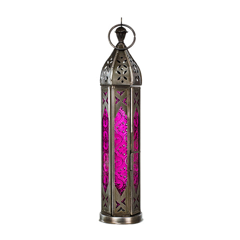 Glass & Metal Lantern Tower Pink & Clear Glass