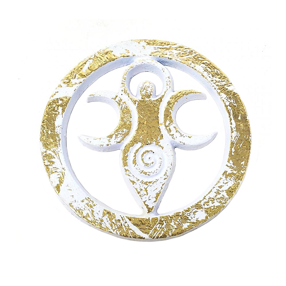 White w/Gold Goddess Metal Altar Tile Silver Plated over Solid Brass