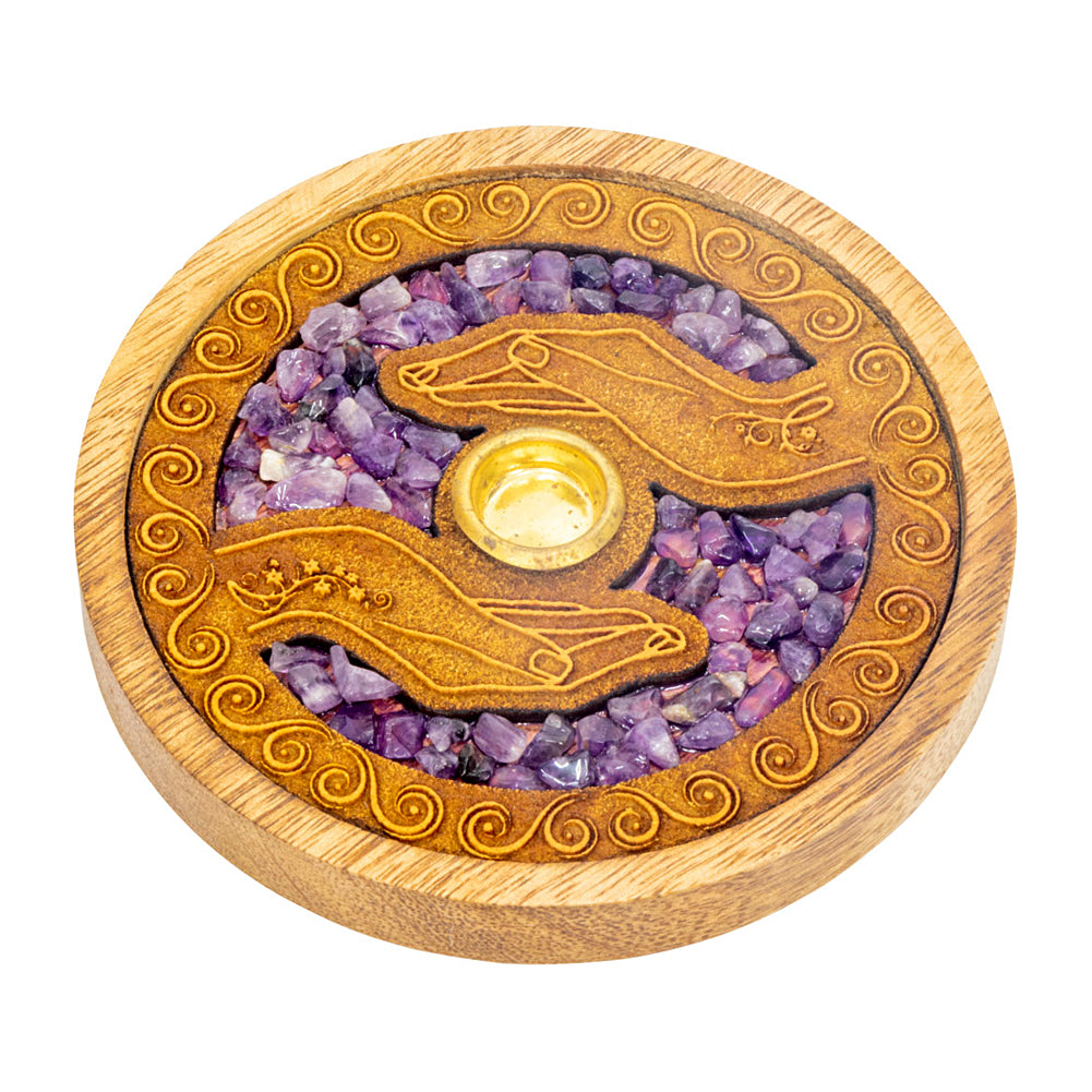 Laser Etched Wood Round Incense Holder - Healing Hands w/ Amethyst Inlay