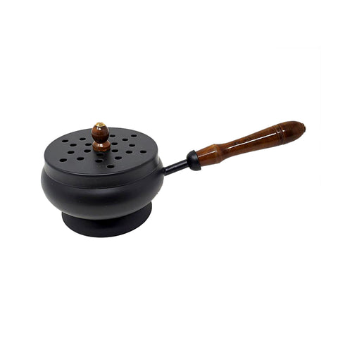 Iron Charcoal Burner with Lid & Wood Handle