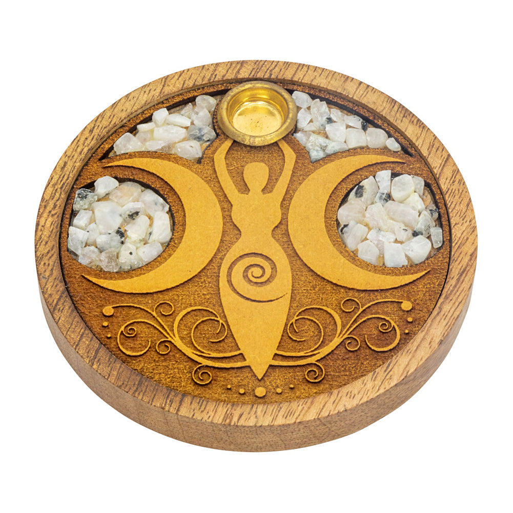 Laser Etched Wood Round Incense Holder - Moon Goddess w/ Rainbow Moonstone Inlay