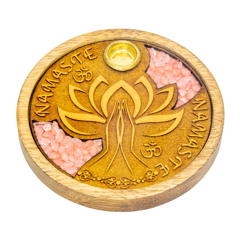 Laser Etched Wood Round Incense Holder - Namaste w/ Rose Quartz Inlay