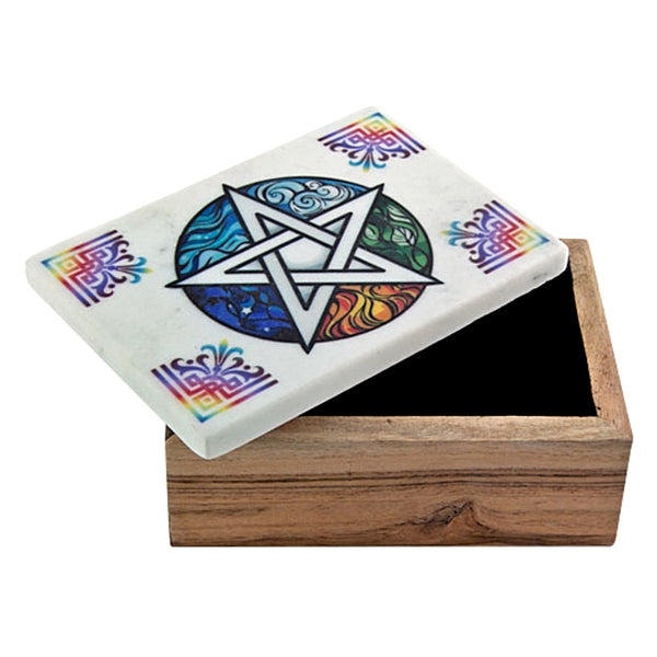 Pentacle Wooden Box with White Marble Lid