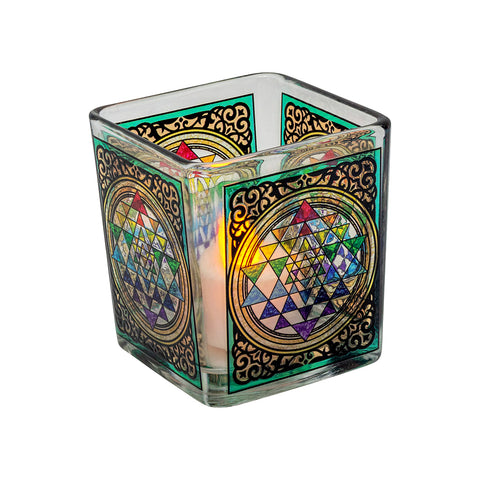 Sri Yantra Chakra Handcrafted Glass Square Votive Holder