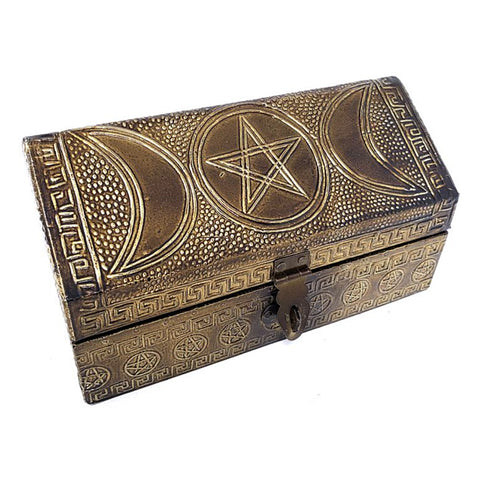 Triple Moon Pentagram Carved Metal over Wood Box