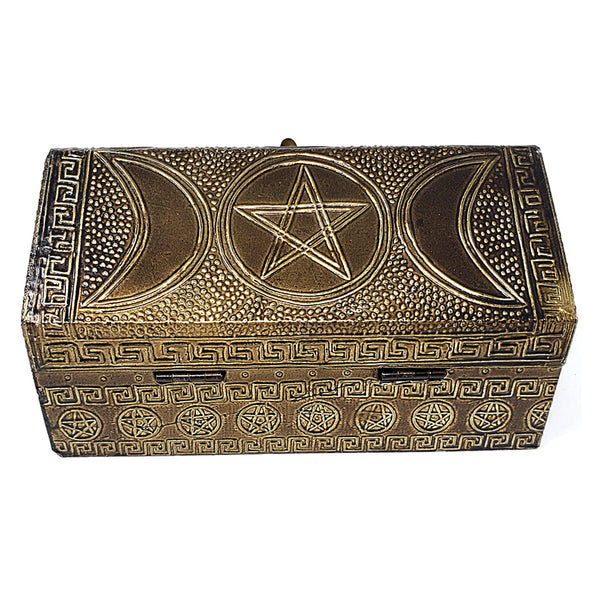 Triple Moon Pentagram Carved Metal over Wood Box