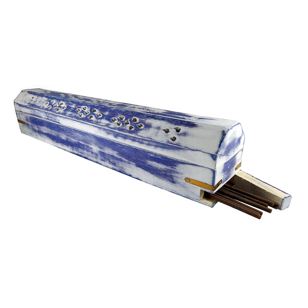 White Wash Wood Incense Box Burner (Blue)