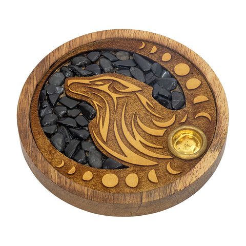 Laser Etched Wood Round Incense Holder - Wolf w/ Black Onyx Inlay